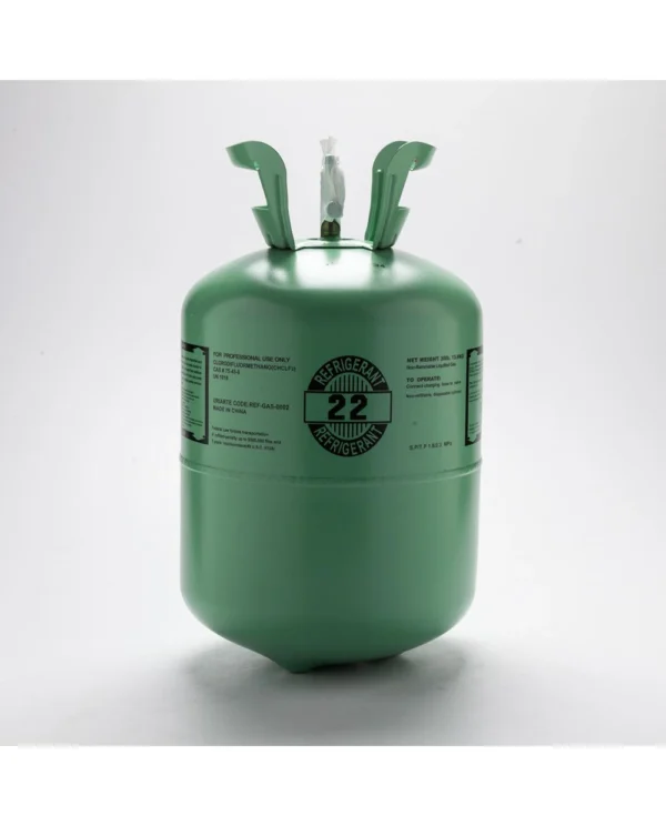 Garrafa de gas refrigerante R-22 de 13,6 kg para sistemas de aire acondicionado y refrigeración, con alta eficiencia y confiabilidad.