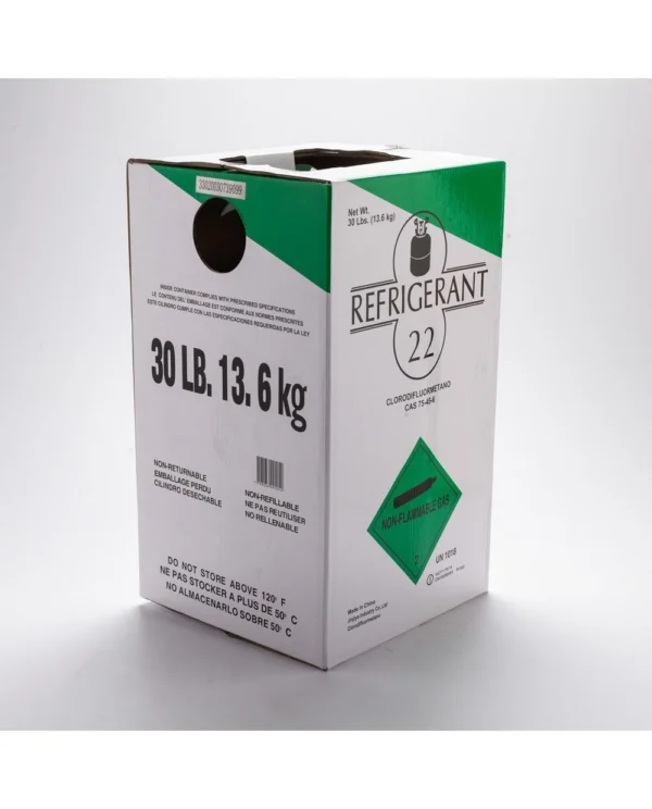 Caja de transporte y almacenamiento del gas refrigerante R-22 de 13,6 kg, con diseño robusto y seguro para uso profesional.